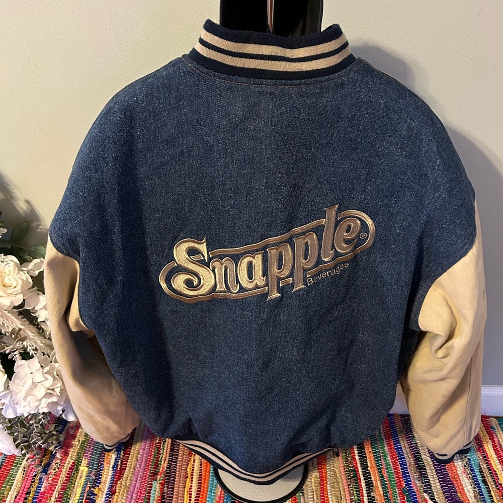 90s Snapple Denim Varsity Jacket Bomber Coat Button Front XL - Picture 1 of 7